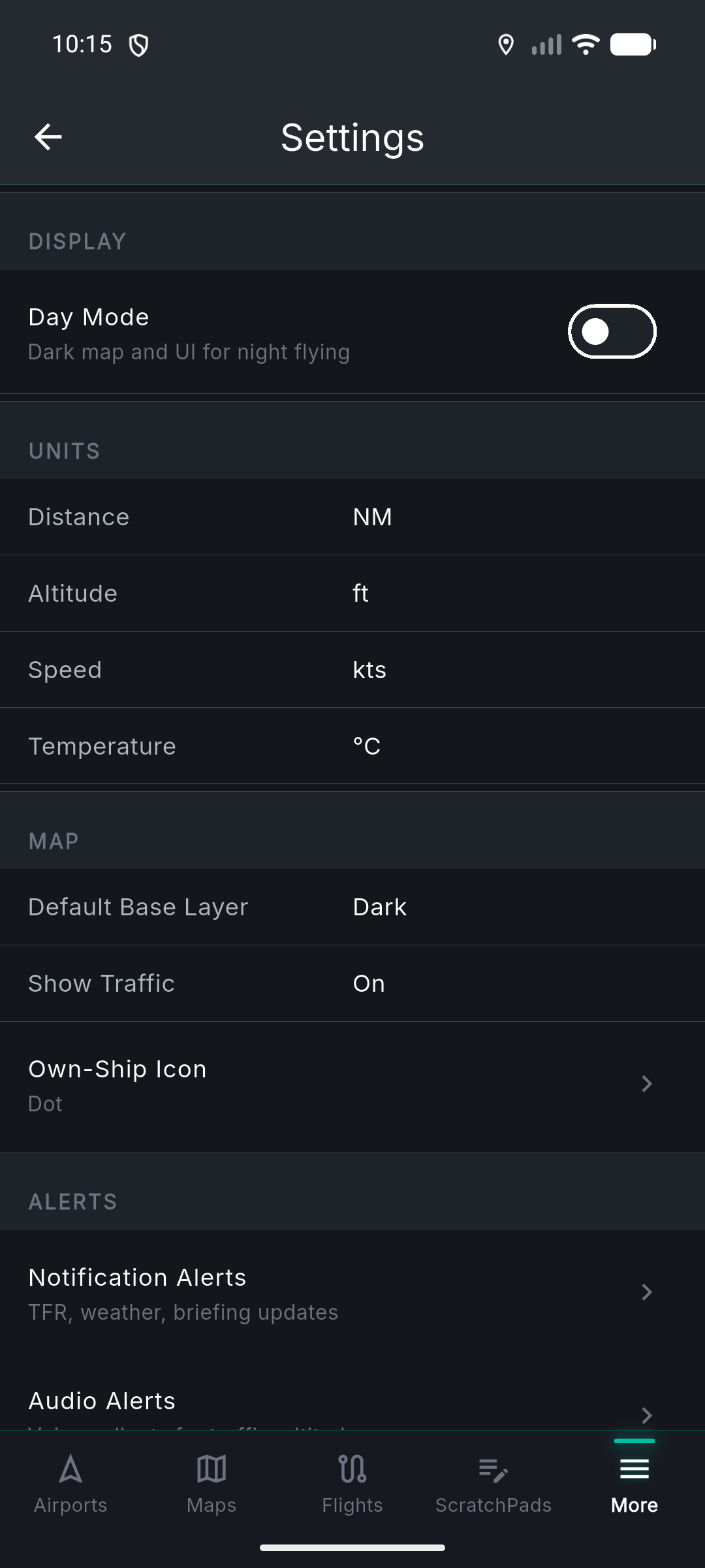 Settings screen