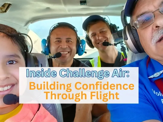 A smiling girl and three volunteers wearing headsets sit inside a small aircraft, captioned 'Inside Challenge Air: Building Confidence Through Flight'
